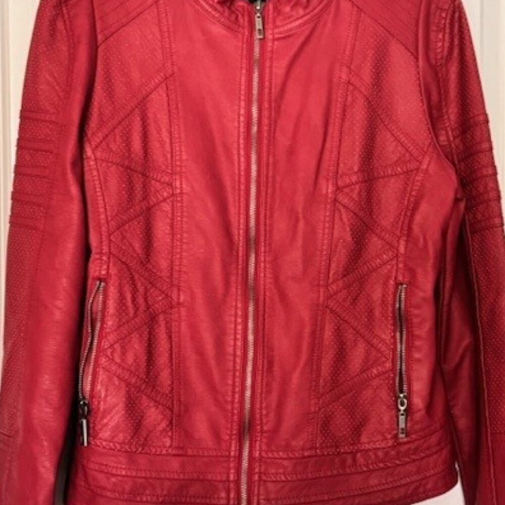 Lock and Love faux leather vegan motorcycle jacket. Red w/ zips. Sz Small - Picture 2 of 8